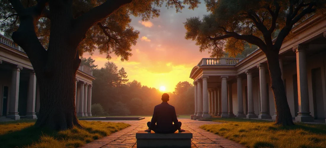 Philosophe méditatif contemplant le ciel étoilé dans un jardin classique, symbole de la religion naturelle et de la quête philosophique du sacré par la raison