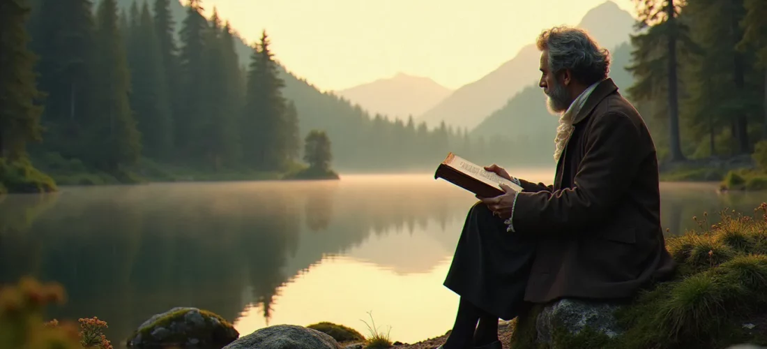 Philosophe méditant au bord d'un lac de montagne à l'aube, évoquant la contemplation de la nature au cœur de la religion naturelle de Rousseau