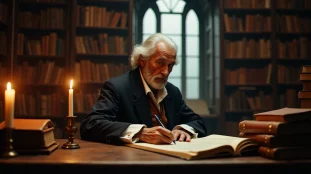 Philosophe des Lumières méditant à son bureau à la lumière des bougies, évoquant la religion naturelle selon Voltaire