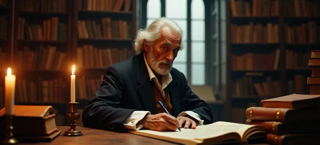 Philosophe des Lumières méditant à son bureau à la lumière des bougies, évoquant la religion naturelle selon Voltaire