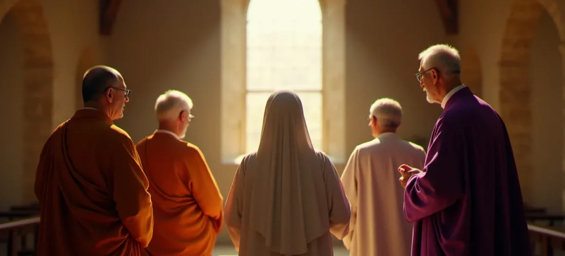 Des représentants de traditions religieuses différentes réunis dans une chapelle baignée de lumière dorée, illustration du lien profond entre religion et Prix Nobel de la Paix