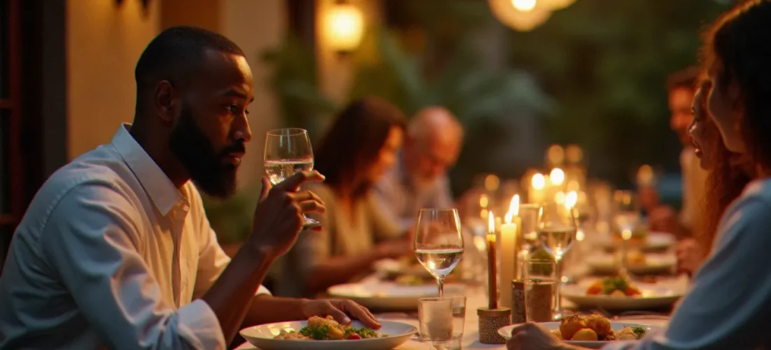 Homme musulman pratiquant la religion sans alcool, tenant un verre d'eau lors d'un repas de famille chaleureux
