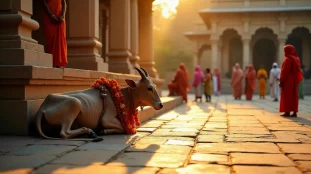 Vache sacrée ornée de guirlandes de fleurs dans la cour d'un temple hindou au coucher du soleil, illustrant la pratique de la religion sans boeuf dans la tradition hindoue