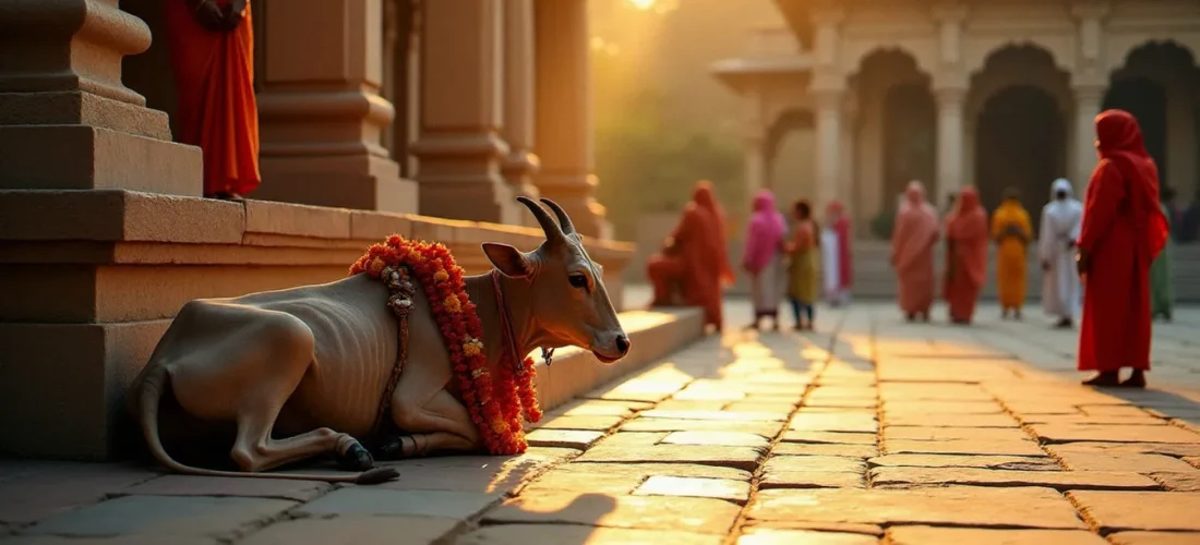 Vache sacrée ornée de guirlandes de fleurs dans la cour d'un temple hindou au coucher du soleil, illustrant la pratique de la religion sans boeuf dans la tradition hindoue