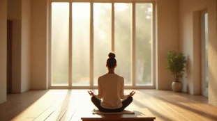 Personne en méditation silencieuse dans une salle lumineuse, illustrant une pratique spirituelle de religion sans dieu