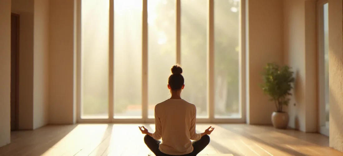 Personne en méditation silencieuse dans une salle lumineuse, illustrant une pratique spirituelle de religion sans dieu