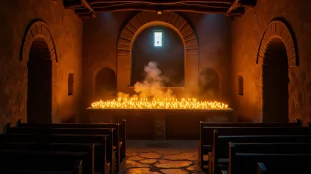 Intérieur d'une chapelle de pierre éclairée uniquement par des bougies, illustrant la pratique d'une religion sans électricité dans un cadre médiéval authentique
