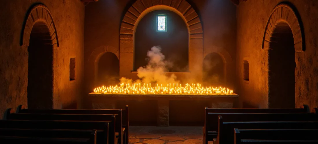 Intérieur d'une chapelle de pierre éclairée uniquement par des bougies, illustrant la pratique d'une religion sans électricité dans un cadre médiéval authentique