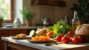 Table familiale respectant les pratiques alimentaires d'une religion sans porc, avec des aliments casher et halal, éclairée par une lumière naturelle chaleureuse