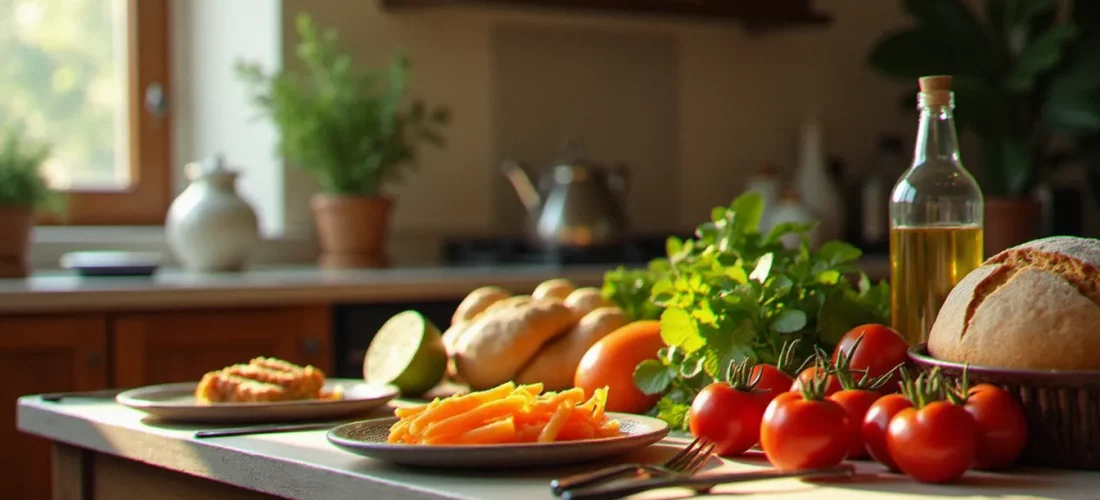 Table familiale respectant les pratiques alimentaires d'une religion sans porc, avec des aliments casher et halal, éclairée par une lumière naturelle chaleureuse
