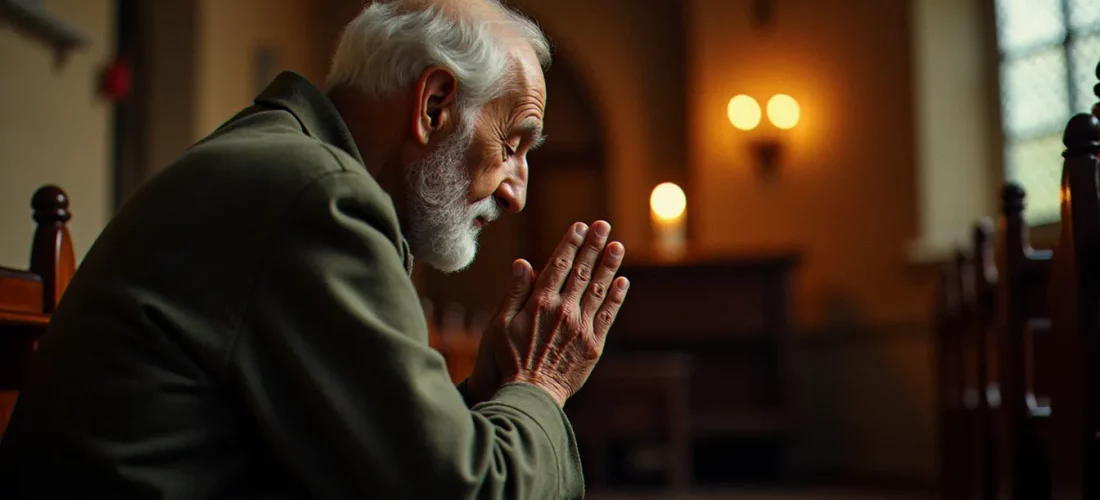 Un homme âgé en prière dans une chapelle en pierre, éclairé à la bougie, illustration d'une pratique de religion sans technologie dans un cadre authentique