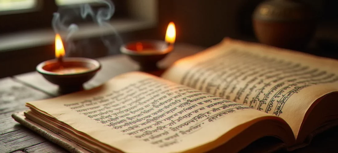 Manuscrits anciens en écriture devanagari représentant la religion sanskrit, éclairés par une lampe à huile sur un autel traditionnel