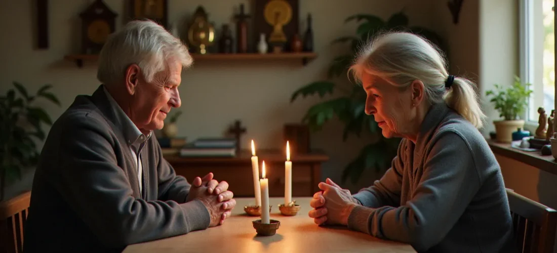 Homme et femme en moment de recueillement spirituel partagé dans un lieu de vie communautaire, illustrant la rencontre entre religion et spiritualité vécue