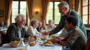 Salle à manger d'un restaurant sociale à Como avec des convives de différentes origines partageant un repas servi à table
