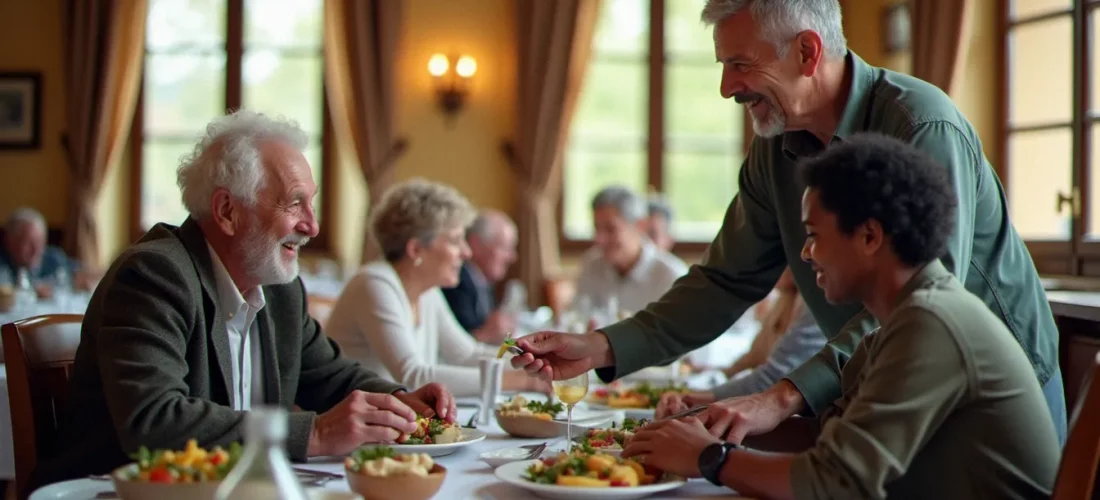 Salle à manger d'un restaurant sociale à Como avec des convives de différentes origines partageant un repas servi à table