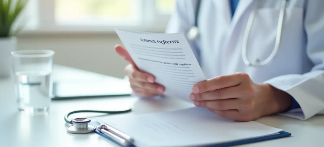 Mains de médecin tenant une brochure d'éducation à l'hygiène intime dans un cabinet médical lumineux, illustrant la prévention des problèmes liés au smegma