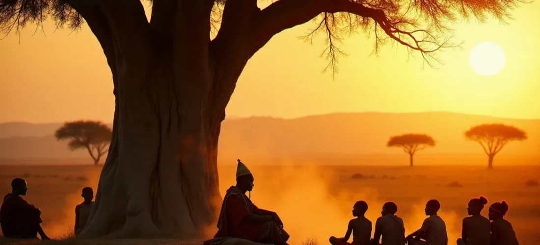 Un griot africain âgé transmettant la spiritualité africaine ancestrale à sa communauté sous un baobab au coucher du soleil en Afrique de l'Ouest