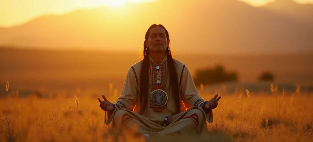 Ancien amérindien méditant dans la prairie au coucher du soleil, illustrant la pratique de la spiritualité amérindienne dans son rapport à la terre