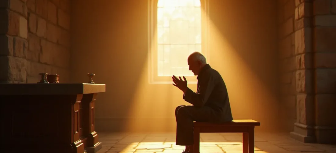 Un homme en prière dans une chapelle de pierre baignée de lumière dorée, illustrant la spiritualité avec Dieu dans le silence et le recueillement