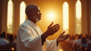 Un homme de Dieu en robe blanche en posture de prière dans une église lumineuse, illustrant la spiritualité avec Docteur Aka Felix et son ministère d'intercession