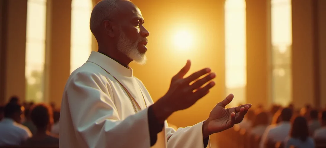 Un homme de Dieu en robe blanche en posture de prière dans une église lumineuse, illustrant la spiritualité avec Docteur Aka Felix et son ministère d'intercession