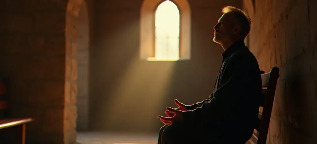 Un homme en recueillement dans une chapelle éclairée par la lumière du matin, illustrant la pratique de la spiritualité comment faire au quotidien