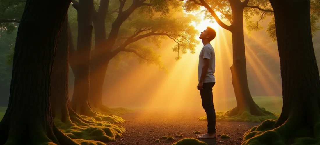 Un homme debout pieds nus au seuil d'une forêt ancienne à l'aube, illustrant la spiritualité et comment s'enraciner dans le silence et la présence contemplative
