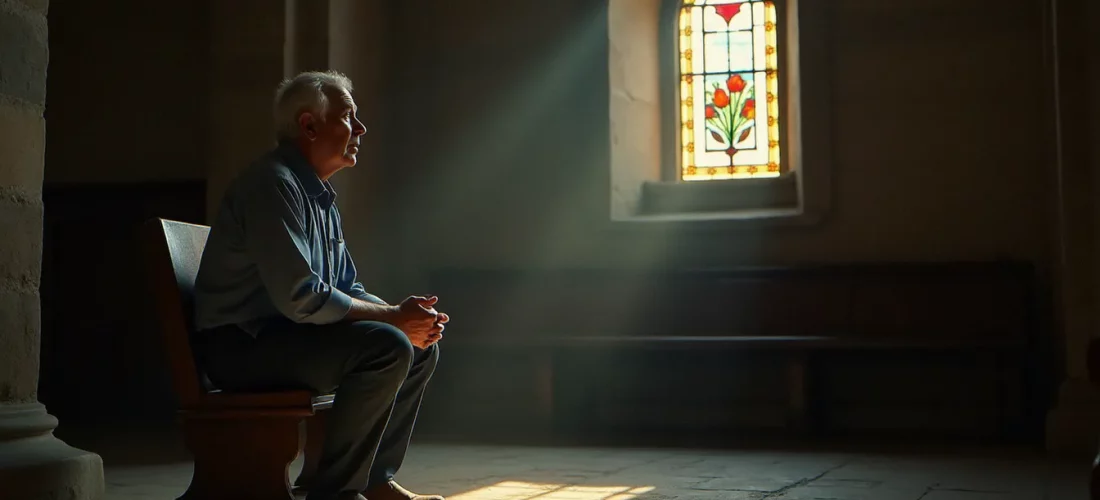 Un homme en contemplation silencieuse dans une chapelle de pierre ancienne, illustrant la démarche de spiritualité et comment s'initier à une vie intérieure authentique