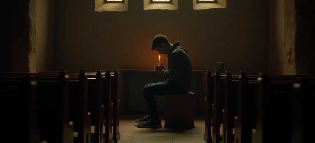 Une personne seule dans une chapelle en pierre, méditant à la lueur d'une bougie, illustrant la quête intérieure et les risques liés à la spiritualité danger