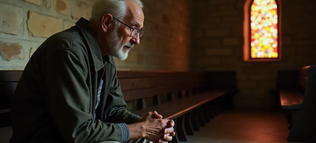 Homme âgé en posture de contemplation spirituelle dans une chapelle en pierre, illustrant la définition de la spiritualité vécue