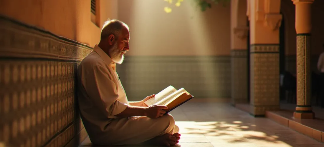Homme en contemplation dans un patio marocain avec un manuscrit en arabe ouvert, évoquant la spiritualité en arabe et la vie intérieure