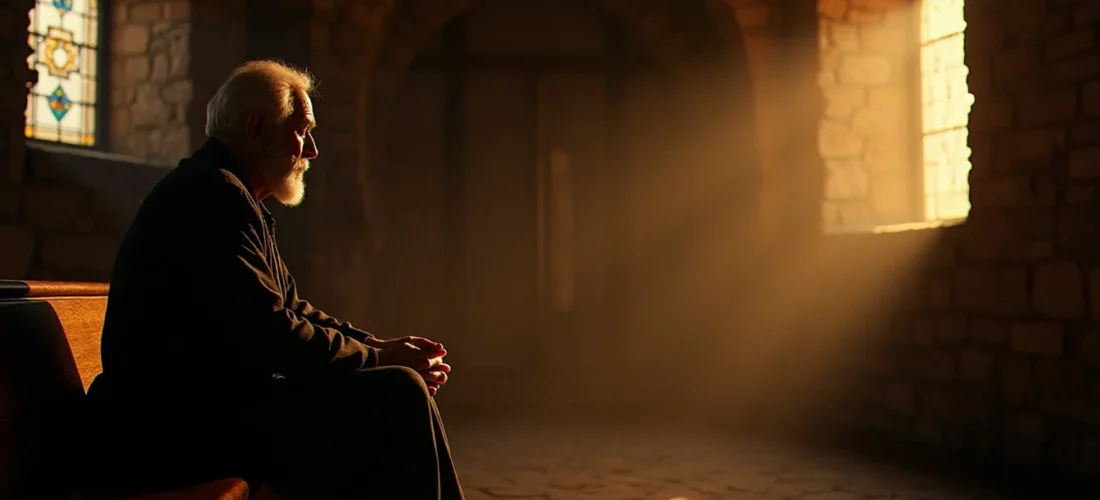 Un homme âgé en prière silencieuse dans une chapelle en pierre éclairée à la bougie, incarnant la dimension intime de la spiritualité et religion