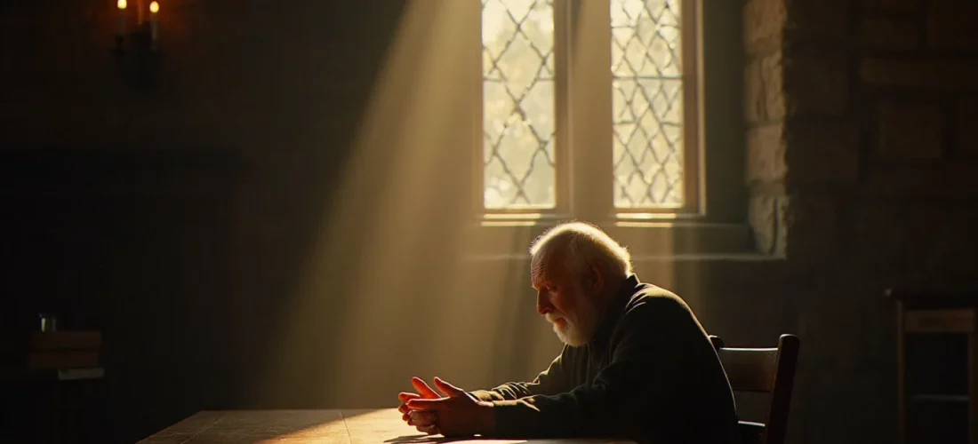 Un homme âgé en contemplation silencieuse près d'une fenêtre d'église baignée de lumière dorée, évoquant la profondeur de la spiritualité et ses racines étymologiques
