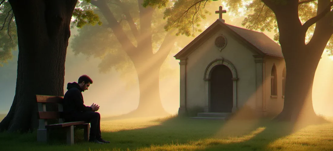 Personne en recueillement silencieux sur un banc de pierre au pied d'une chapelle ancienne baignée de lumière dorée du matin, illustrant la spiritualité comme chemin intérieur et quête de sens