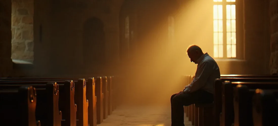 Un homme en recueillement silencieux dans une chapelle romane française baignée de lumière dorée, illustrant la quête de spiritualité en France