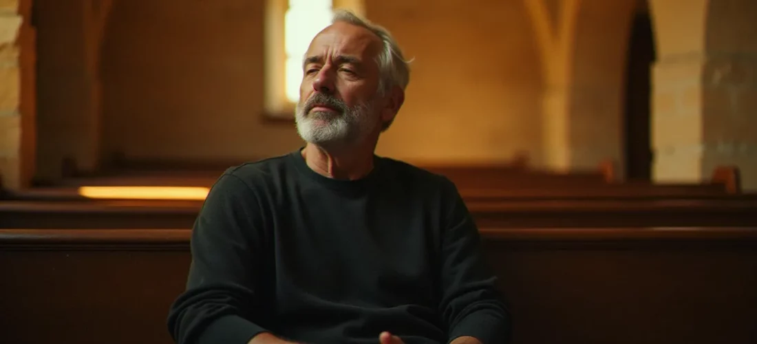 Un homme en prière contemplative dans une chapelle aux murs de pierre dorée, illustrant la pratique de la spiritualité ignatienne dans le silence
