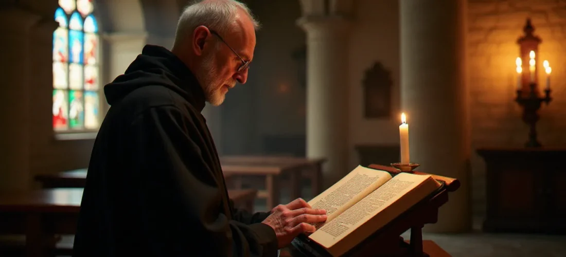 Un moine en prière dans une chapelle romane devant un missel latin ouvert, illustrant la spiritualité latin ecclésiastique dans son cadre liturgique traditionnel