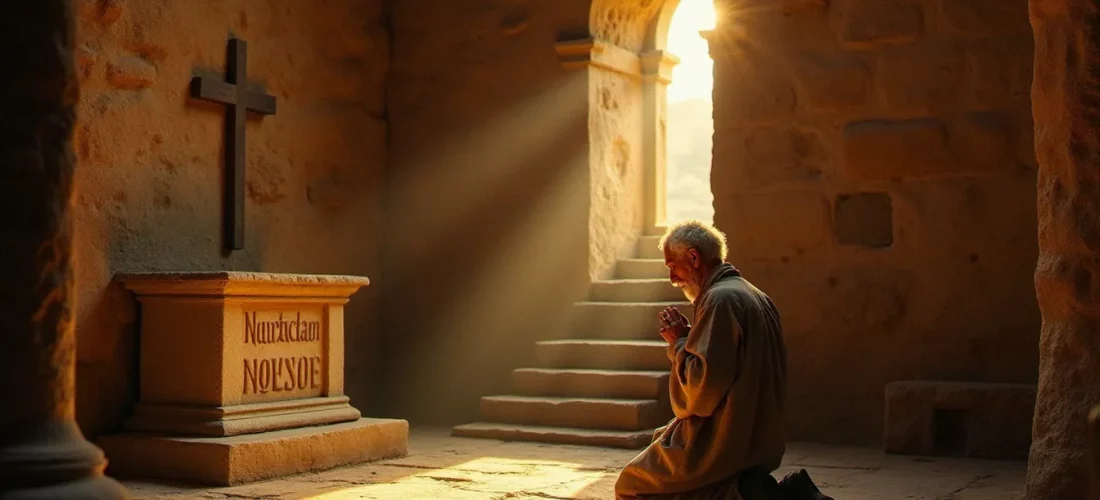 Un homme en prière solitaire dans une chapelle romane aux murs gravés d'inscriptions latines, illustrant la profondeur de la spiritualité latin dans le silence et la contemplation