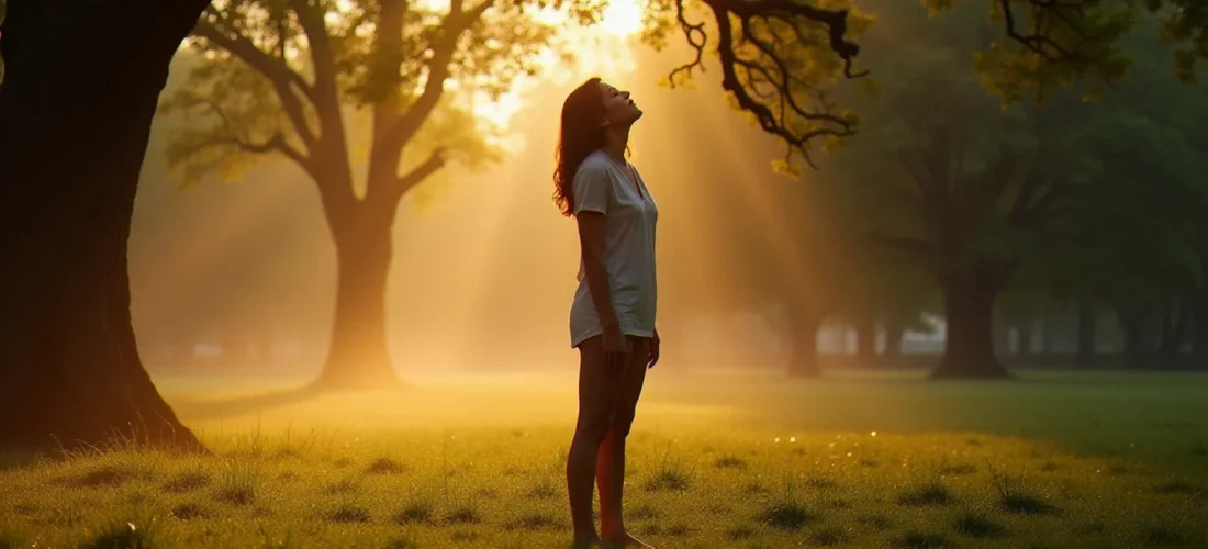 Une personne debout pieds nus dans l'herbe humide à l'aube, yeux fermés, mains ouvertes, pratiquant la spiritualité naturelle dans une clairière baignée de lumière dorée en forêt