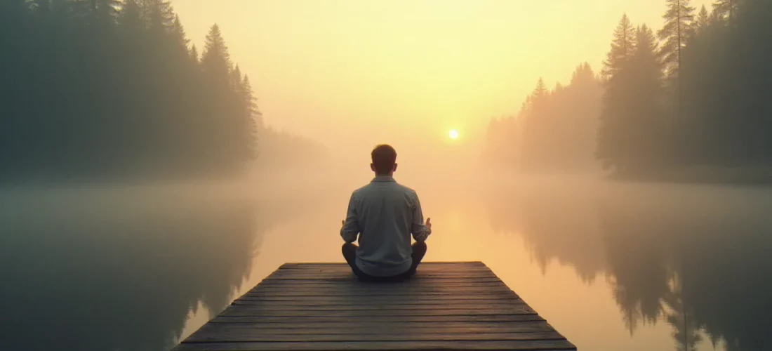 Personne en posture de recueillement sur un ponton au lever du soleil, illustrant la quête intérieure liée à la spiritualité new age