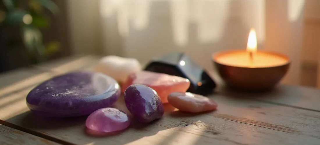 Pierres naturelles polies disposées sur une table en bois pour une pratique de spiritualité, incluant améthyste et quartz rose