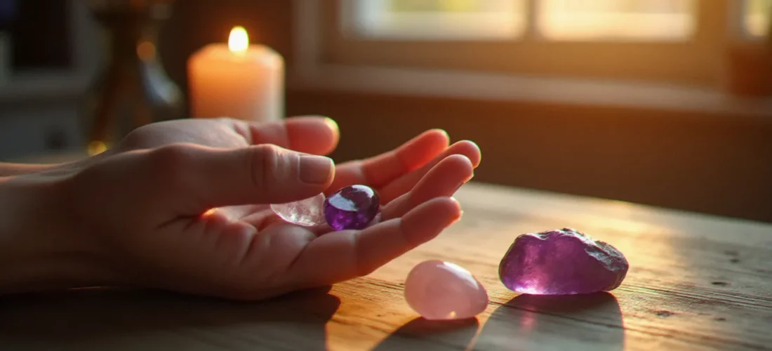 Main tenant des pierres naturelles polies — améthyste, quartz rose et cristal — posées sur une surface en bois, lumière dorée du matin, évoquant la spiritualité des pierres naturelles
