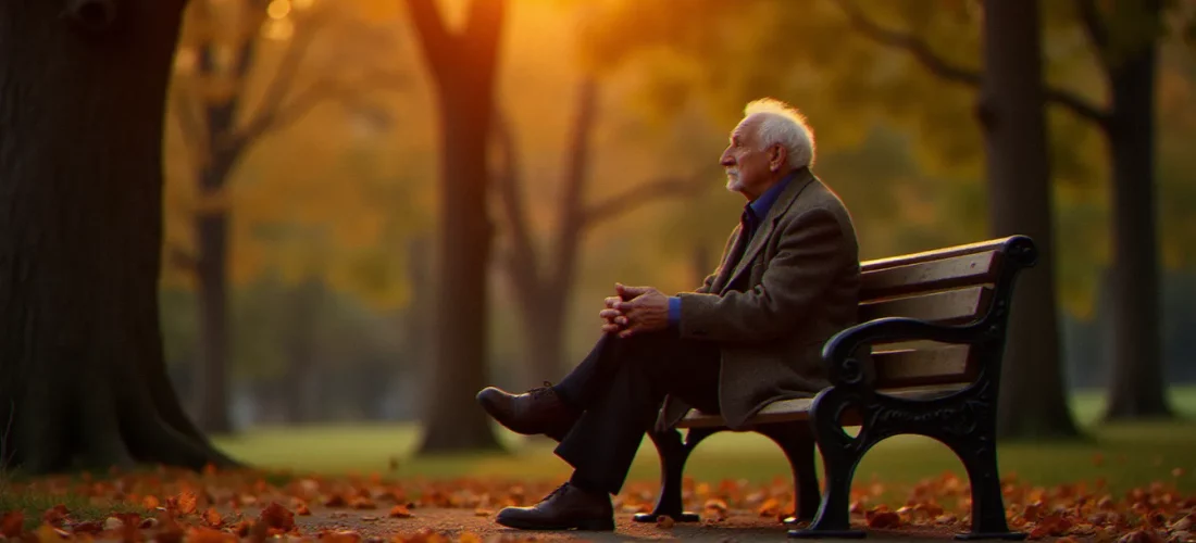 Un homme âgé en contemplation spirituelle sur un banc de parc au crépuscule, symbolisant la quête de sens et la spiritualité