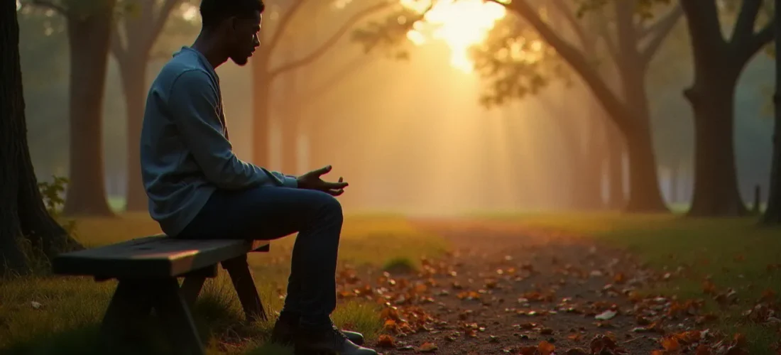 Une personne assise en posture contemplative sur un banc en bois dans une clairière forestière brumeuse à l'aube, illustrant la quête de spiritualité sans dieu dans le silence de la nature