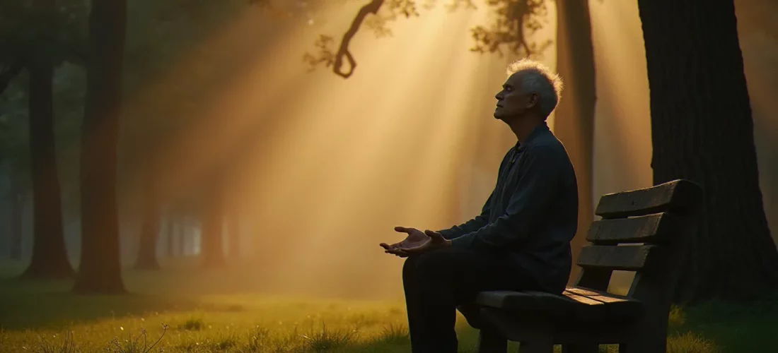 Personne en méditation silencieuse dans une forêt brumeuse à l'aube, illustrant une quête de spiritualité sans appartenance religieuse