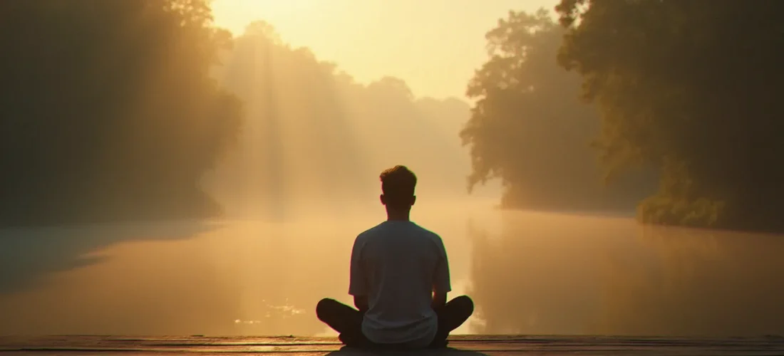 Personne en méditation silencieuse au bord d'une rivière à l'aube, illustrant la spiritualité sans religion vécue dans la nature