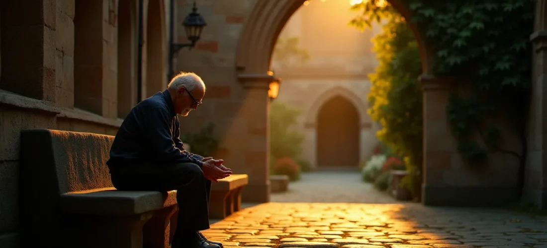 Personne en recueillement dans un jardin de cloître au coucher du soleil, illustrant la spiritualité synonyme d'intériorité et de quête de sens profond