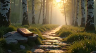Un chemin de pierre dans une forêt brumeuse au lever du jour avec un carnet ouvert sur un rocher, illustrant la démarche d'un spirituality guide personnel