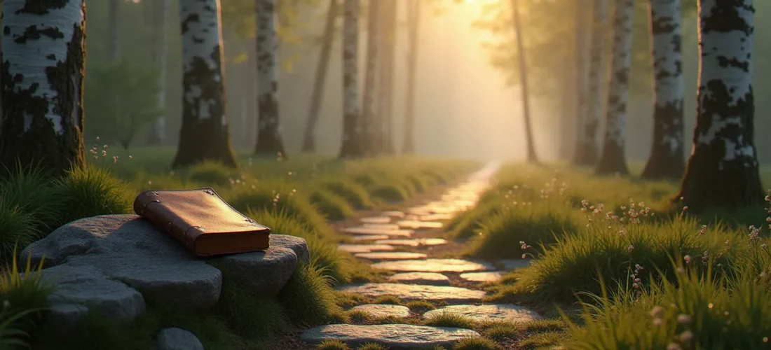 Un chemin de pierre dans une forêt brumeuse au lever du jour avec un carnet ouvert sur un rocher, illustrant la démarche d'un spirituality guide personnel