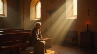 Une femme âgée en méditation silencieuse dans une église de campagne, illustrant le recours à un spirituel guide dans un cadre de prière personnelle
